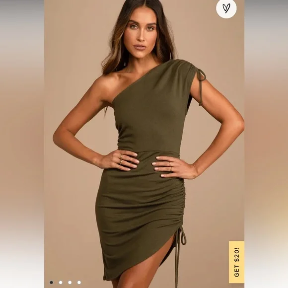 Lulus | Dresses | Lulus Total Upgrade Olive Green Ruched Oneshoulder Midi  Dress Sz Xs | Poshmark